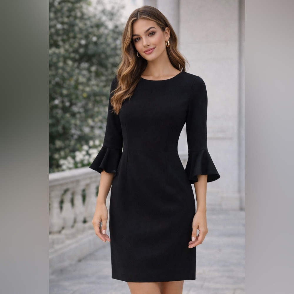 Karl Lagerfeld Paris Black Sheath Dress Fluted Sleeve Size 4 Classic